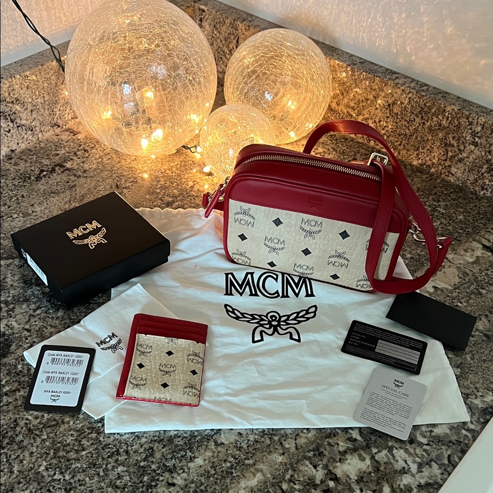 MCM Red and Cream Logo Crossbody Bag & Matching Card Holder